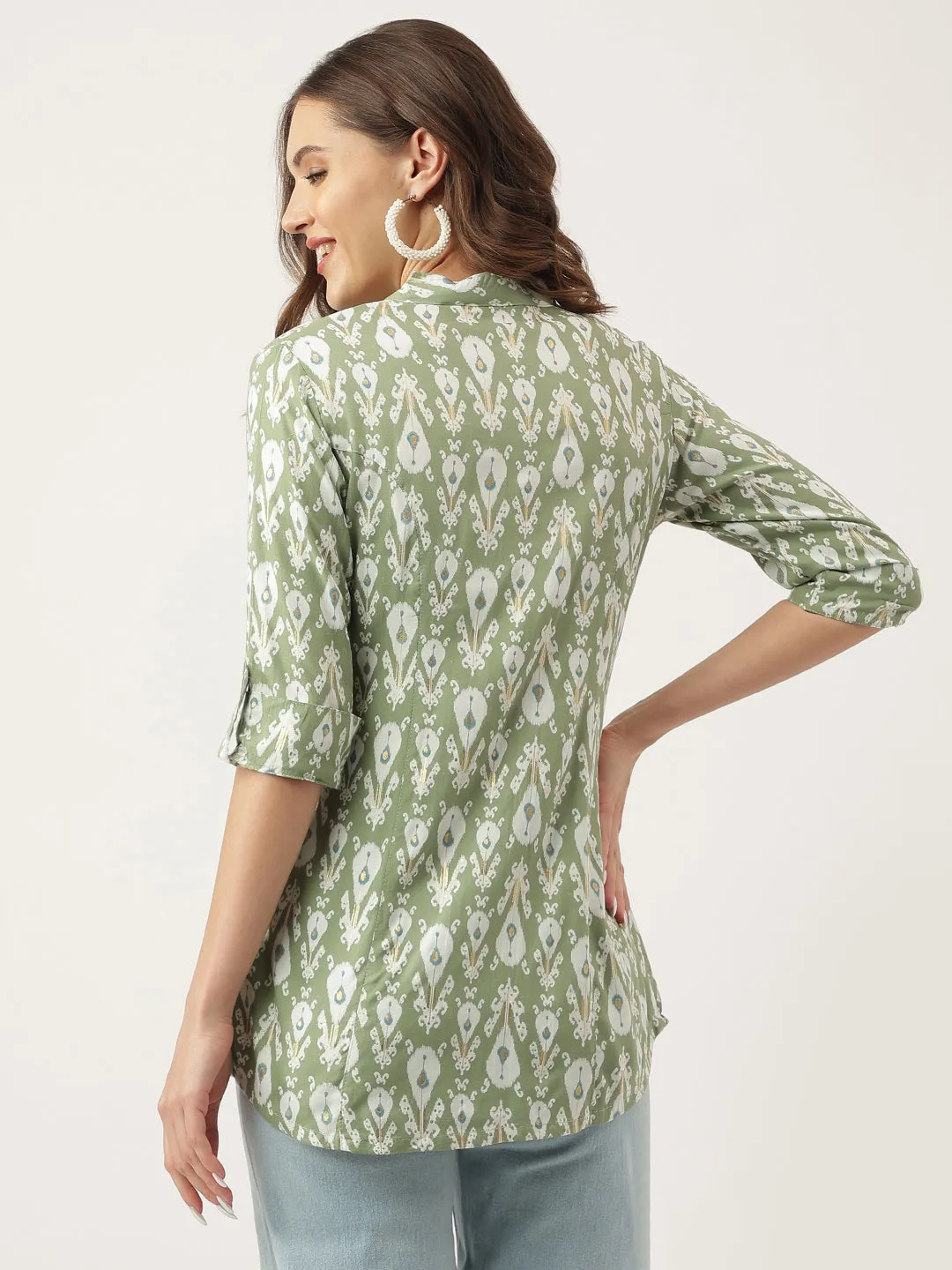 Jashvi Green & White Floral Foil Printed Rayon Shirt Style Top