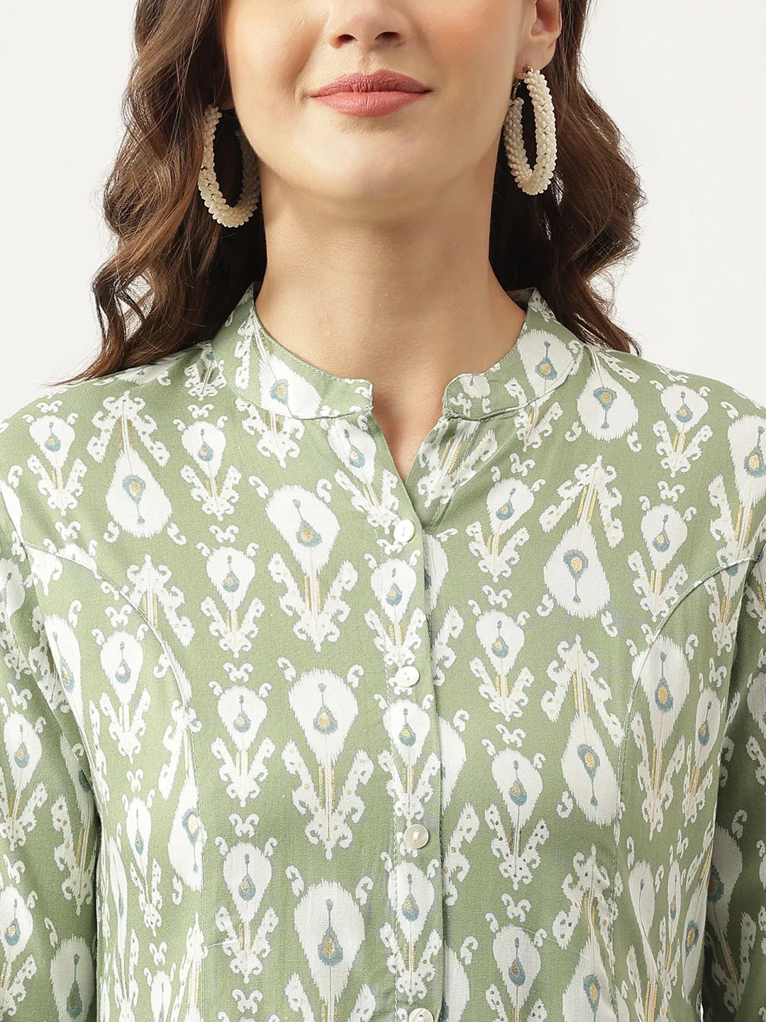 Jashvi Green & White Floral Foil Printed Rayon Shirt Style Top