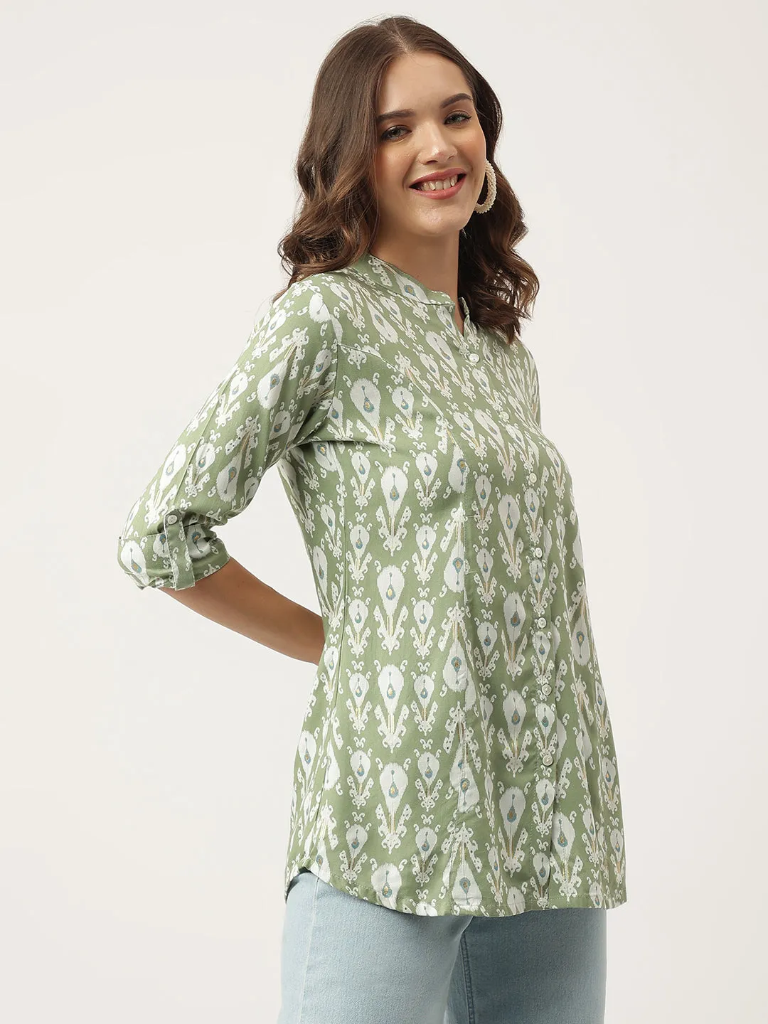 Jashvi Green & White Floral Foil Printed Rayon Shirt Style Top