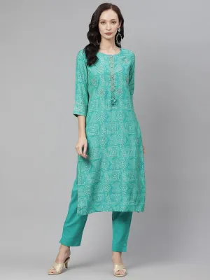 Jashvi Green Muslin Straight Kurta with Pants