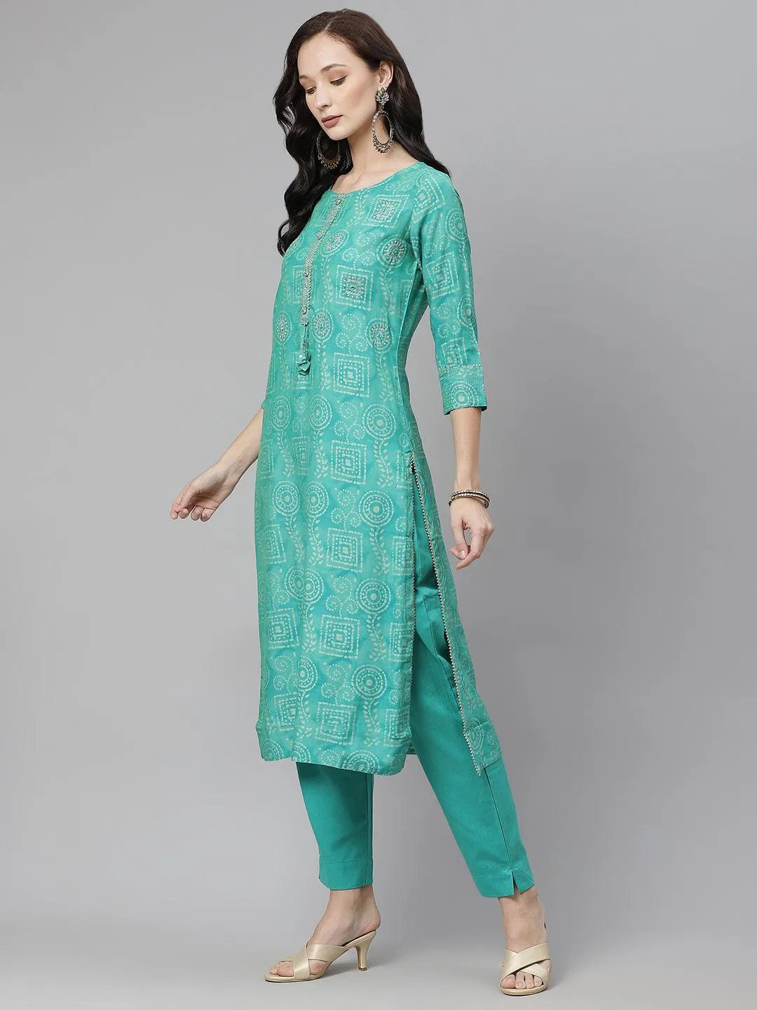 Jashvi Green Muslin Straight Kurta with Pants