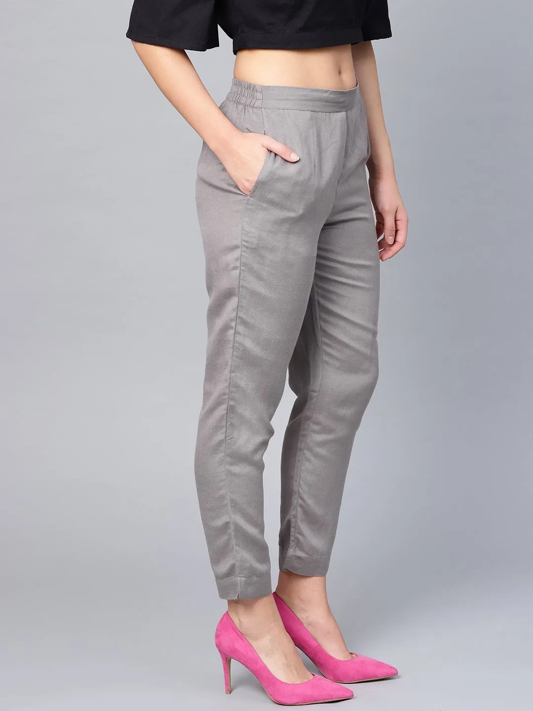 Jashvi Grey Solid Rayon Flex Slim Fit Women Pants With Two Pockets