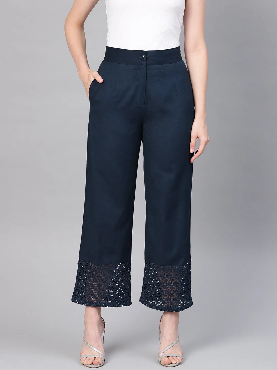 Jashvi Navy Blue Cotton Flex Solid Wide Leg Women Palazzo With One Pocket