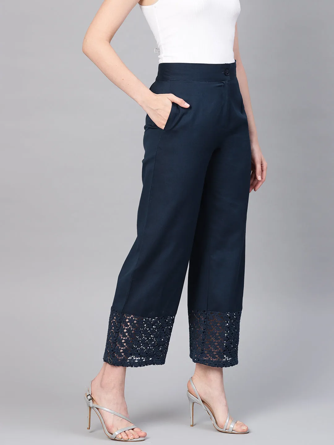 Jashvi Navy Blue Cotton Flex Solid Wide Leg Women Palazzo With One Pocket