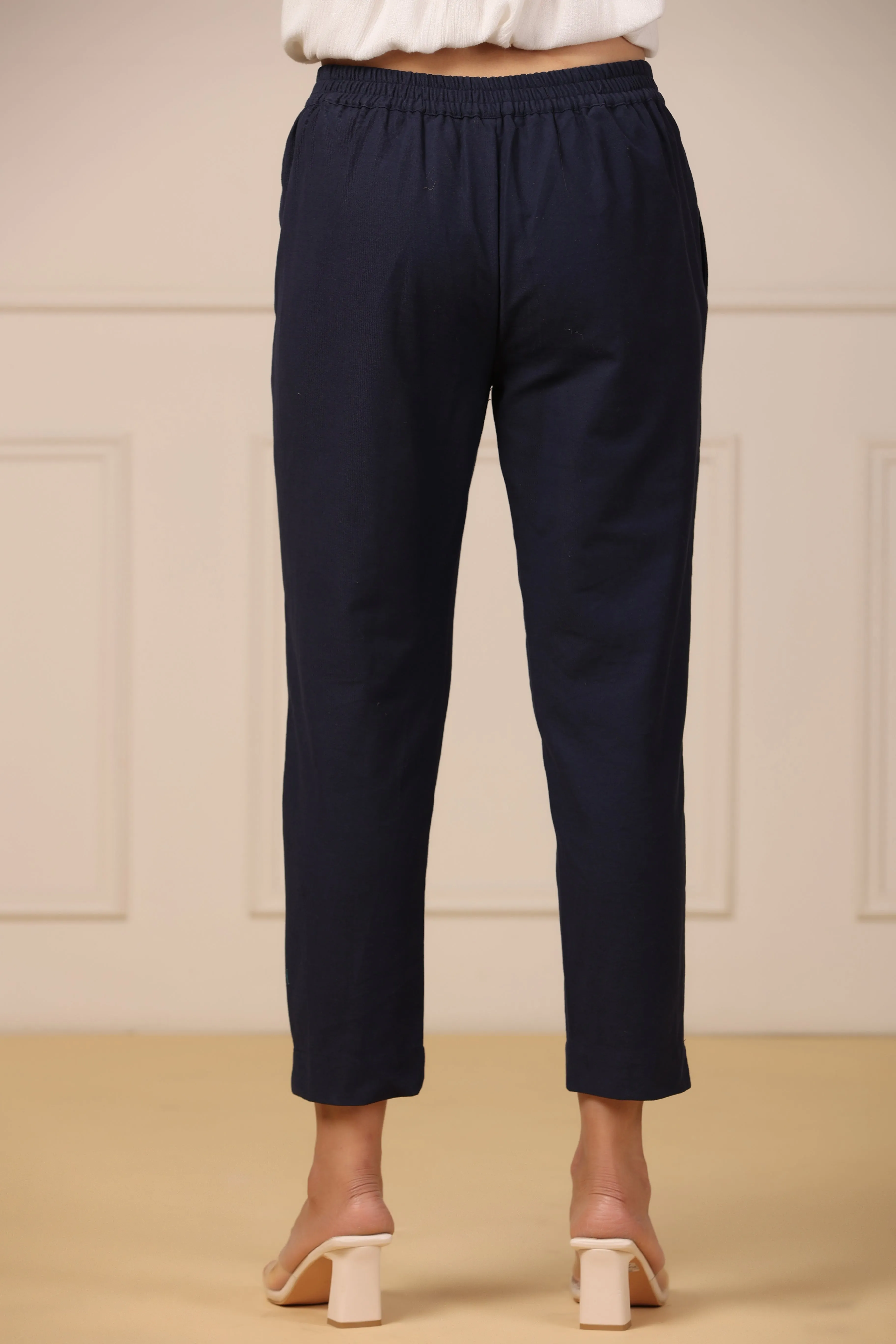 Jashvi Navy Blue Cotton Solid Slim Fit Pants With Partially Elasticated Waistband