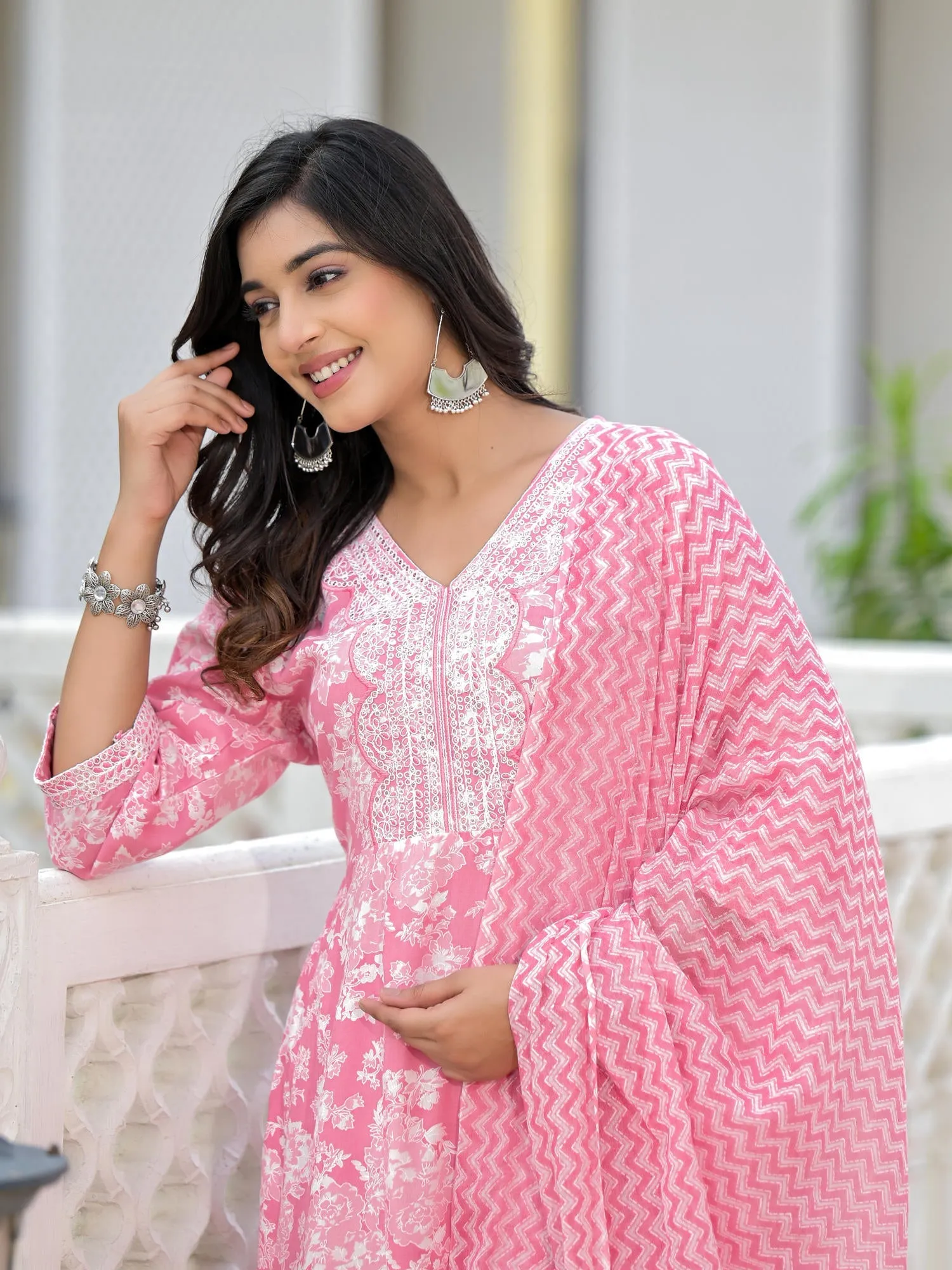 Jashvi Pink Floral Printed Rayon Kurta, Pant And Dupatta Set With Thread & Sequins Work