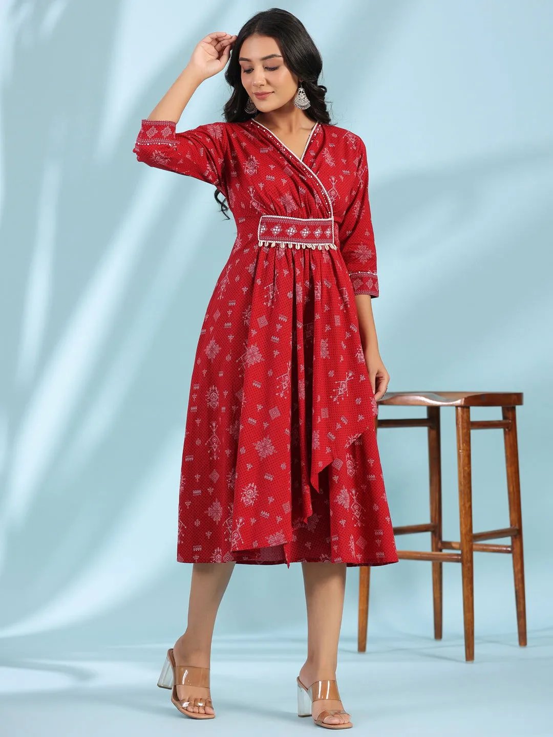 Jashvi  Red Geometric Printed Pure Cotton Midi Dress With Lace Work