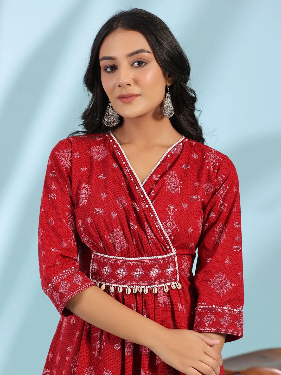 Jashvi  Red Geometric Printed Pure Cotton Midi Dress With Lace Work