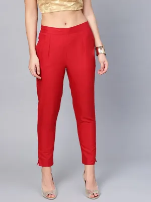 Jashvi Red Solid Cotton Flex Slim Fit Women Pants With Two Pockets