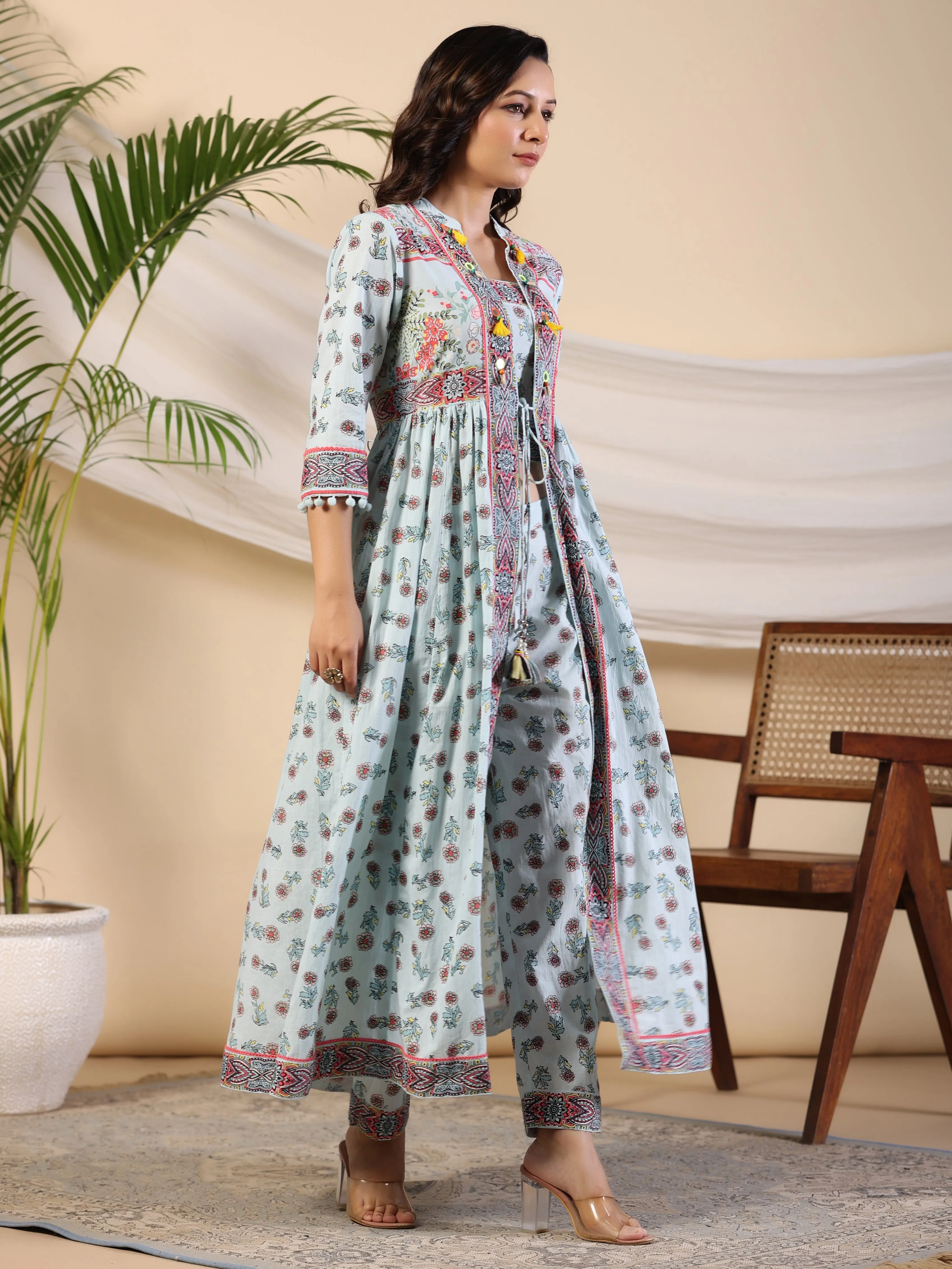 Jashvi Sky Blue Floral Printed Pure Cotton Kurta & Pants Set With Lace