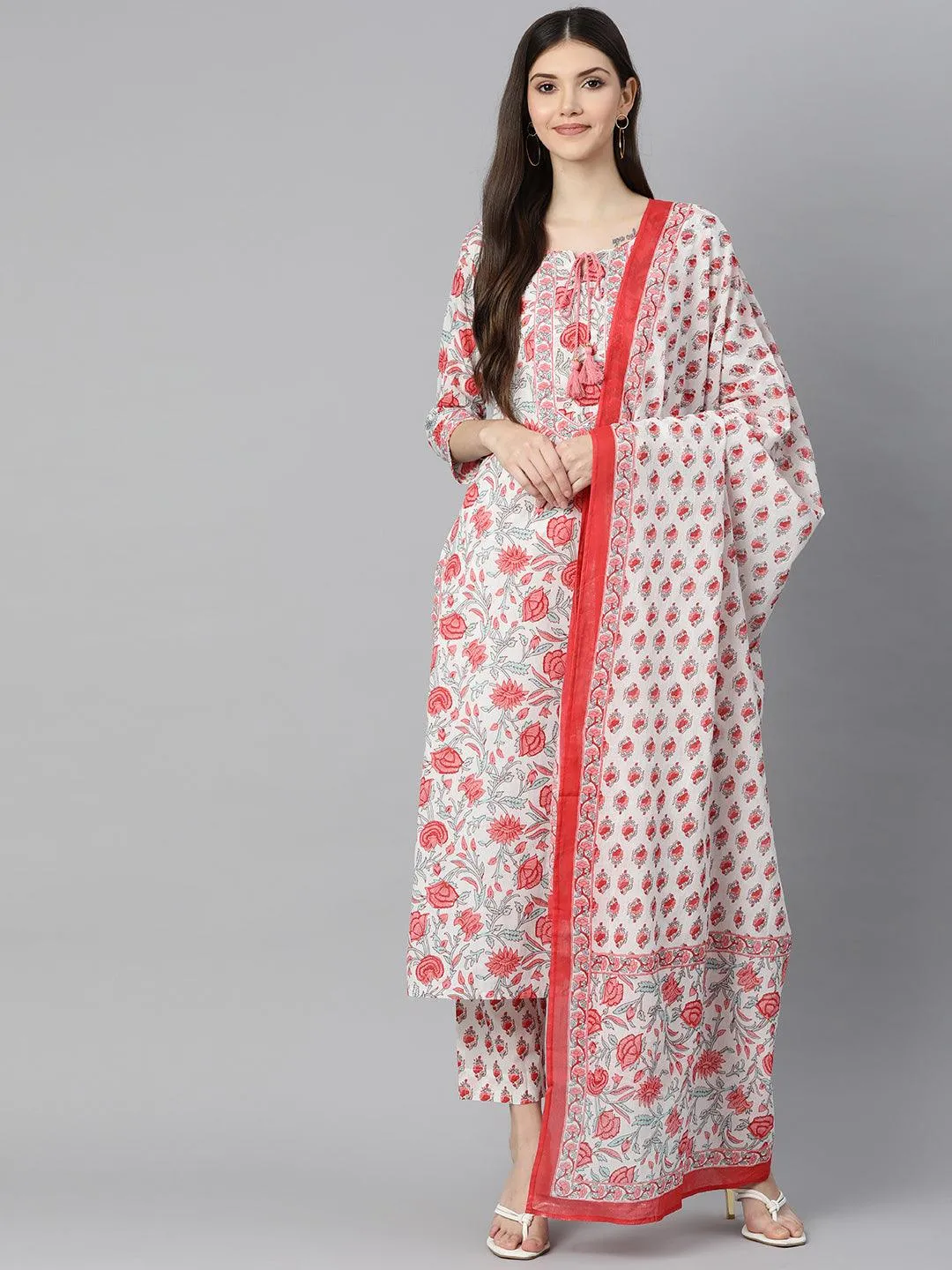 Jashvi White Floral Printed Kurta Pant Set with Dupatta