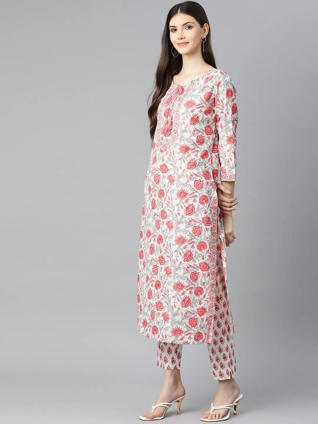 Jashvi White Floral Printed Kurta Pant Set with Dupatta