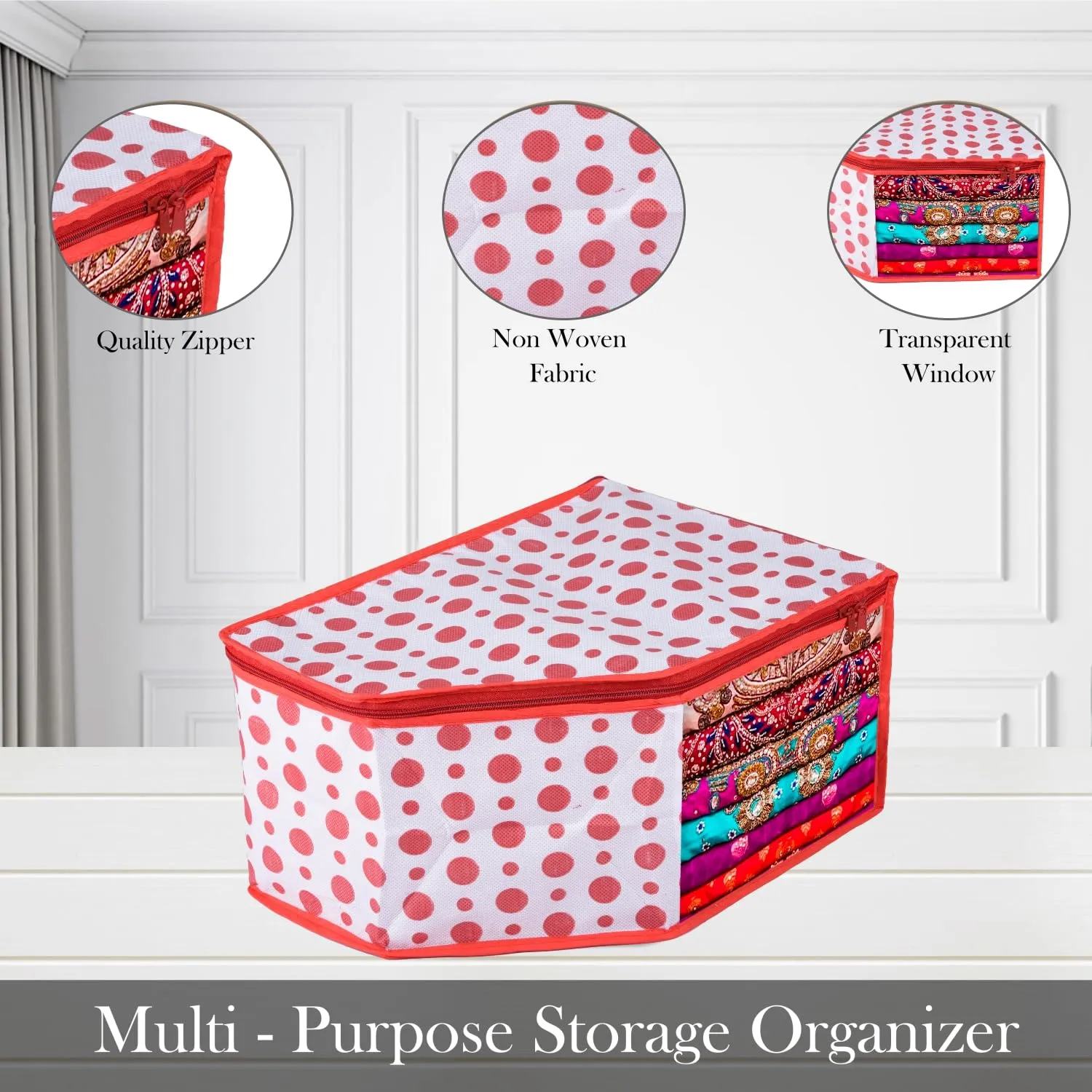 Kuber Industries Blouse Cover | Clothes Storage Bag | Zipper Wardrobe Organizers | Non-Woven Clothes Organiser | Side Transparent Blouse Organizer | Dot-Design | Pack of 9 | Red