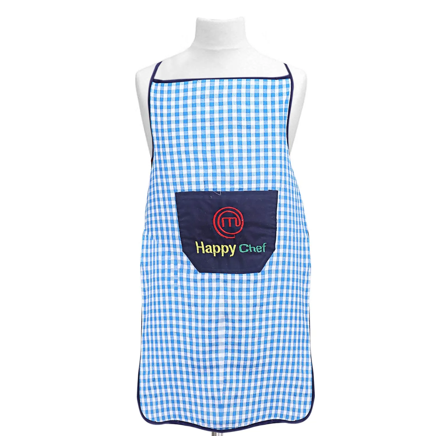 Kuber Industries Checkered Design Cotton 3 Pieces Waterproof Apron with Front Pocket (Blue), CTKTC13737 (CTKTC013737)