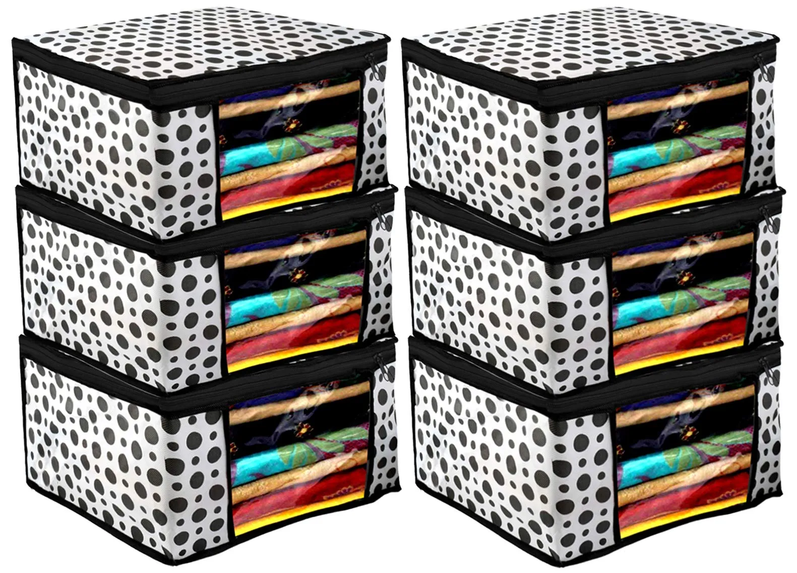 Kuber Industries Clothes Organizer For Wardrobe (Pack of 6) - Storage Organizer For Saree | Shirts | Lehenga - Dress Organizer For Wardrobe - Saree Covers With Zip (Polka Dots) (Black and White)