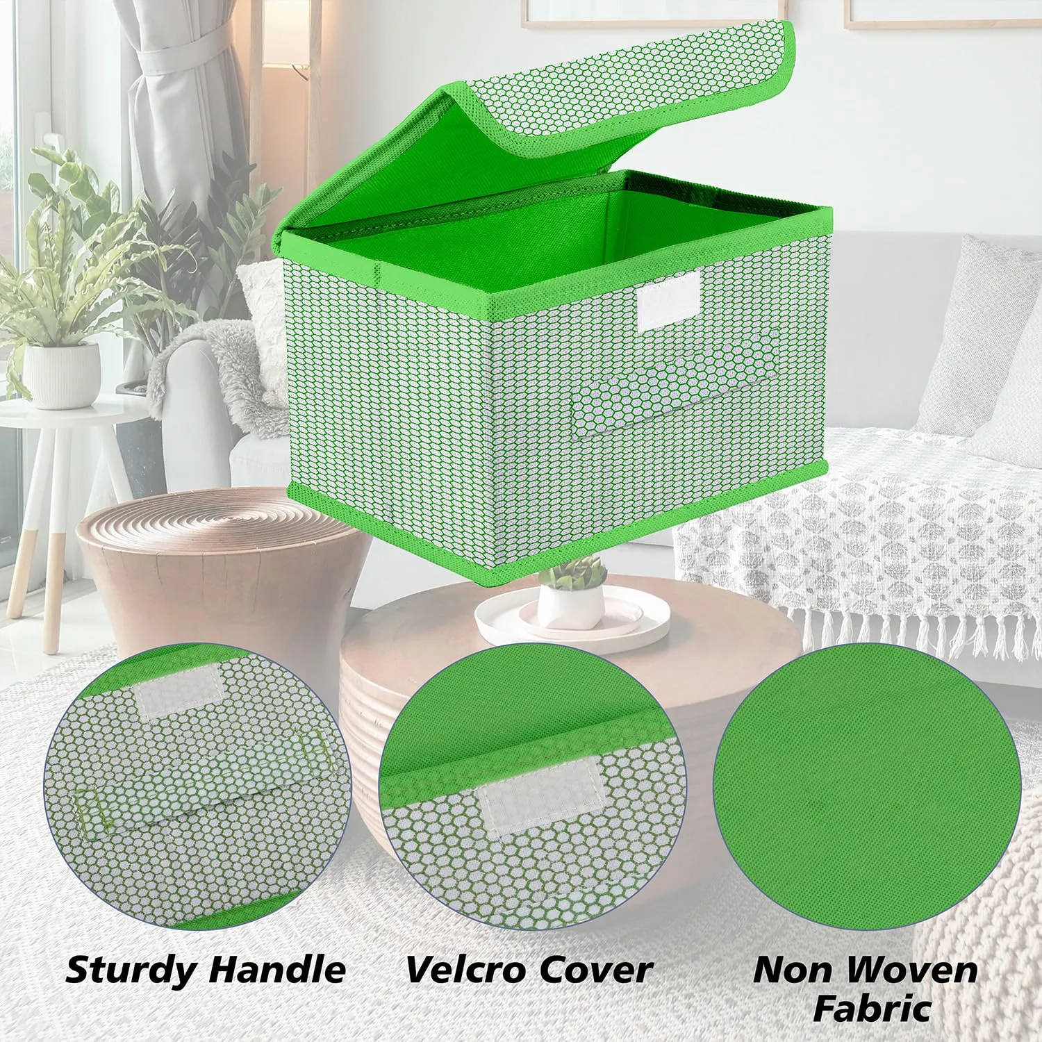 Kuber Industries Drawer Storage Box | Zig Zag Dhakkan Storage Box | Non-Woven Clothes Organizer For Toys | Storage Box with Handle | Large | Pack of 3 | Green