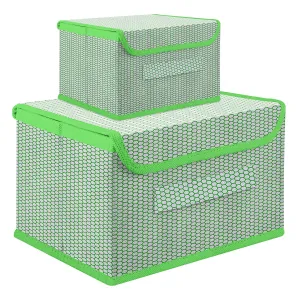 Kuber Industries Drawer Storage Box | Zig Zag Dhakkan Storage Box | Non-Woven Clothes Organizer | Storage Box with Handle | S | L | Pack of 2 | Green