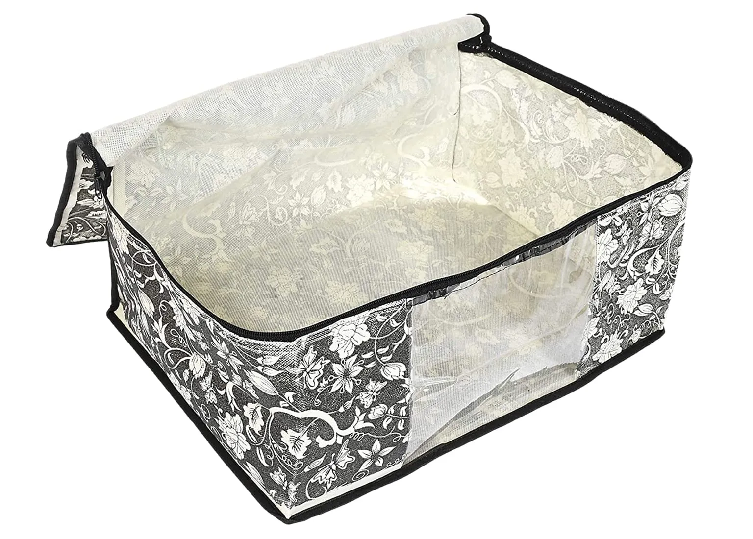 Kuber Industries Flower Design Non-woven Sarees, Clothes Cover/Organizer With Transparent Window- Pack of 6 (Grey & Cream)-44KM0356