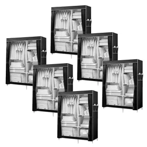 Kuber Industries Foldable Wardrobe for Clothes|Non Woven 2 Door Portable Clothes Rack|4 Shelves Almirah for Clothes-Pack of 6 (Black)