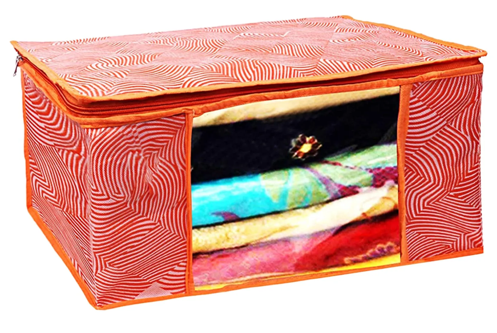 Kuber Industries Lahariya Design Non-woven Sarees, Clothes Cover/Organizer With Transparent Window- Pack of 3 (Orange)-44KM0378