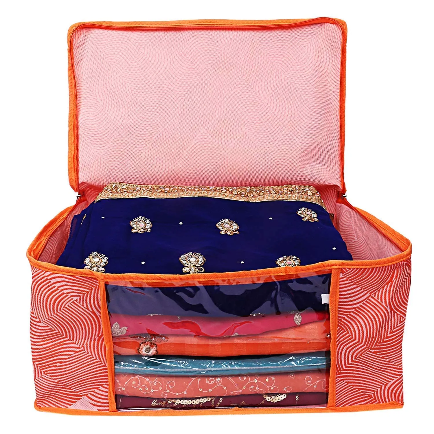 Kuber Industries Lahariya Design Non-woven Sarees, Clothes Cover/Organizer With Transparent Window- Pack of 3 (Orange)-44KM0378