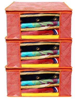 Kuber Industries Lahariya Design Non-woven Sarees, Clothes Cover/Organizer With Transparent Window- Pack of 3 (Orange)-44KM0378