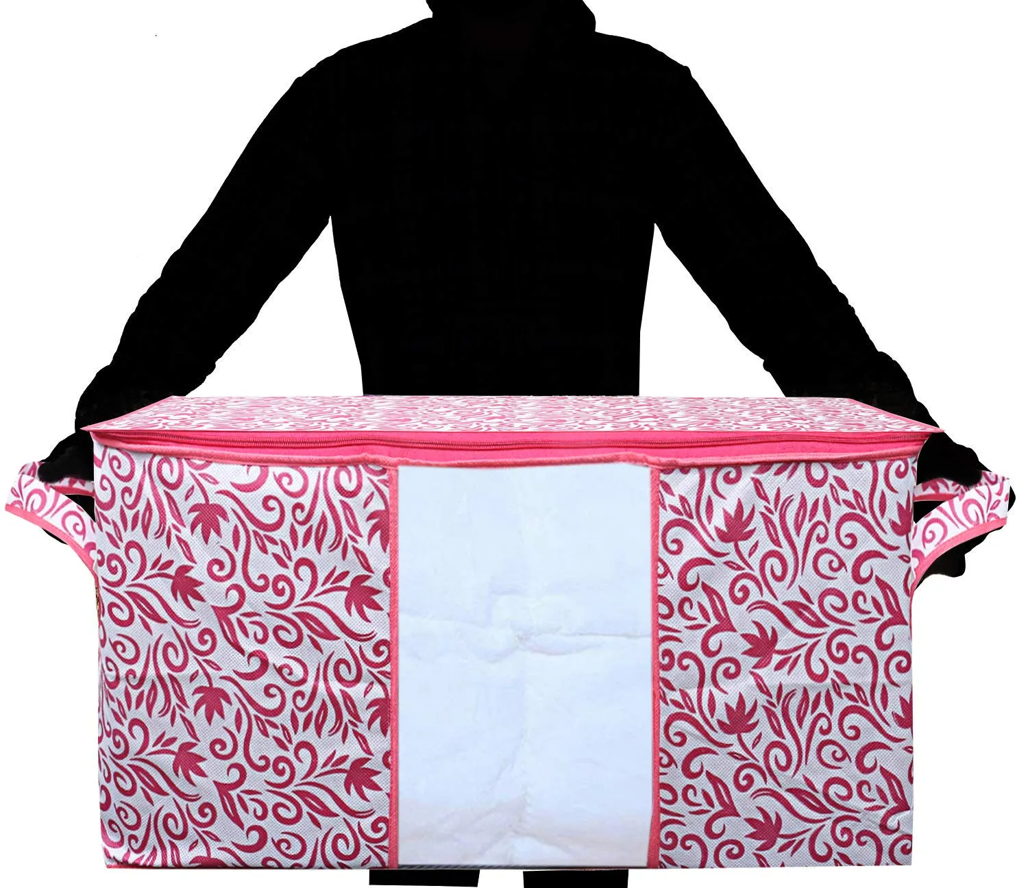 Kuber Industries Leaf Design Non Woven Underbed Bag|Storage Organiser|Blanket Cover with Transparent Window|Storage Bag For Clothes Large|Pack of 2 (Pink)