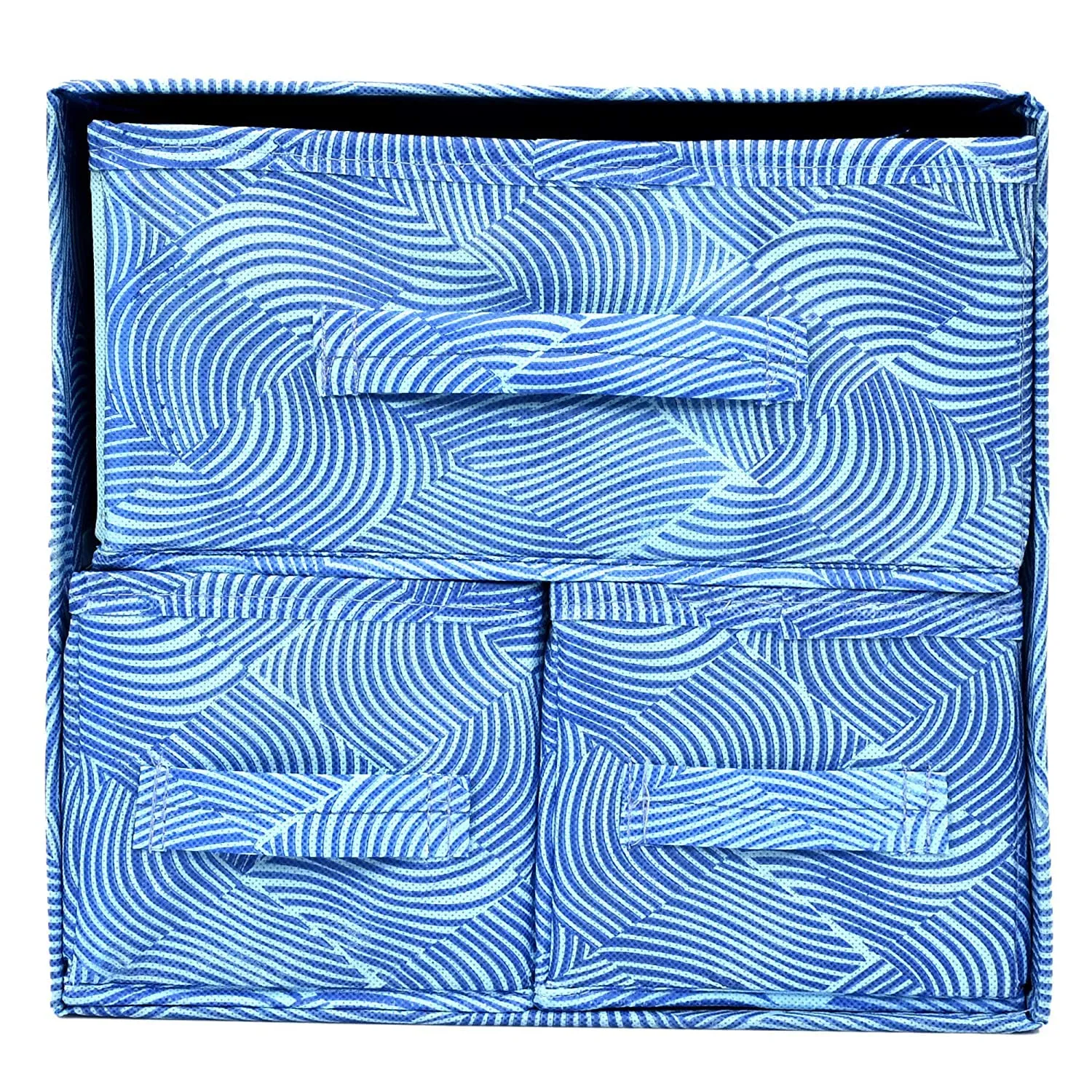 Kuber Industries Lehariya Printed Multiuses Non-Woven Foldable Organizer Box With 3 Drawers- Pack of 2 (Blue)-HS43KUBMART26843