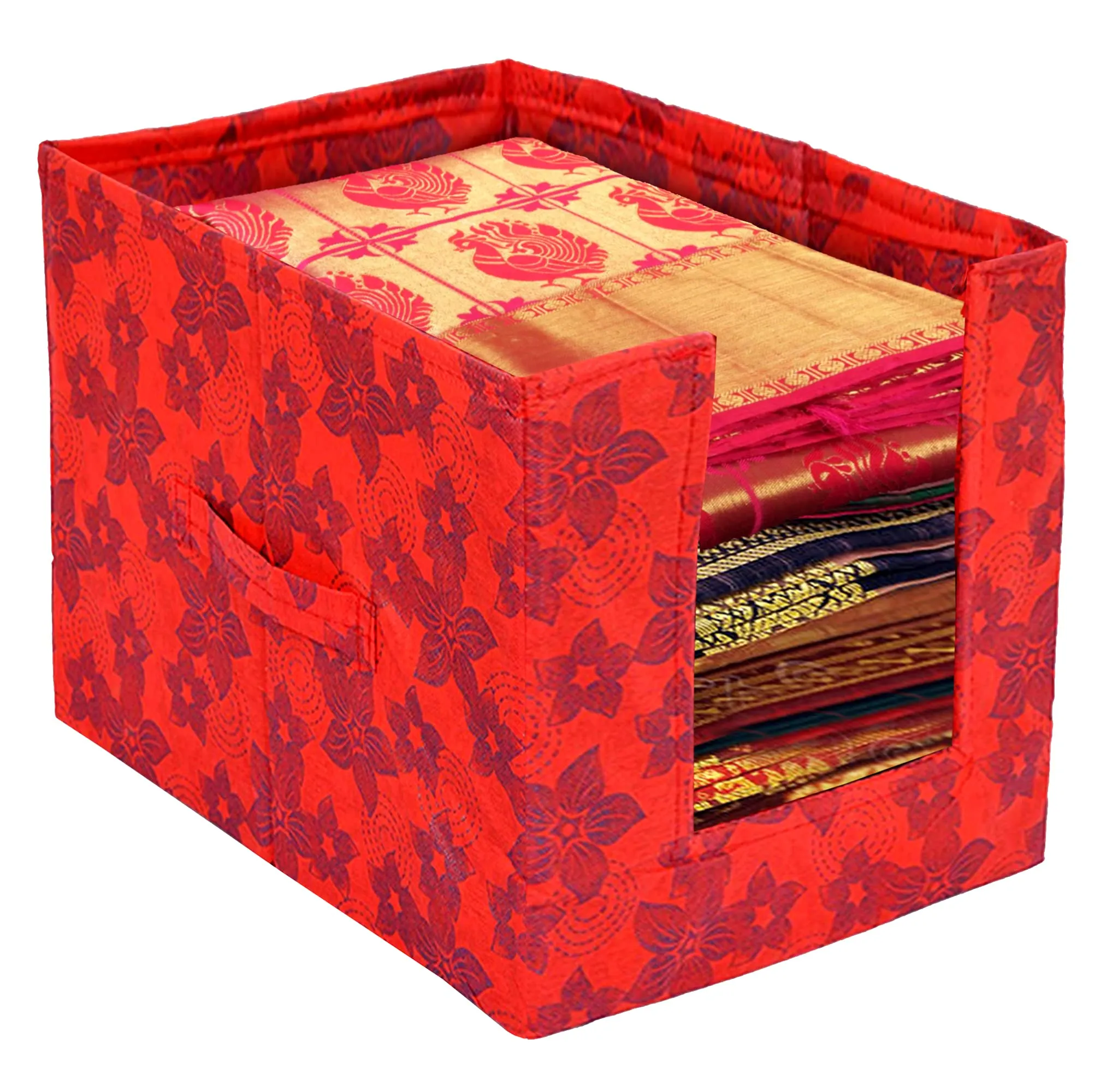 Kuber Industries Metalic Flower Print Foldable Rectangle Cloth Saree Stacker Cloth Wardrobe Organizer- Pack of 4 (Red)