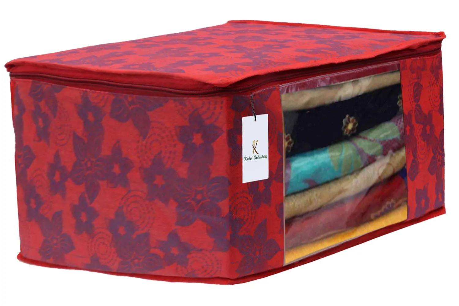 Kuber Industries Metalic Printed 6 Piece Non Woven Saree Cover and 6 Pieces Underbed Storage Bag, Storage Organiser, Blanket Cover, Ivory Red & Red -CTKTC42468