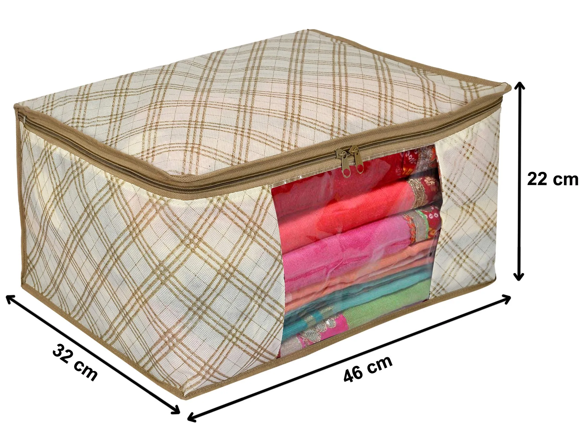 Kuber Industries Non-woven Foldable Saree Cover|Tartan Design Clothes Storage Bag|Wardrobe Organizer With Transparent Window|Pack of 8 (Ivory)