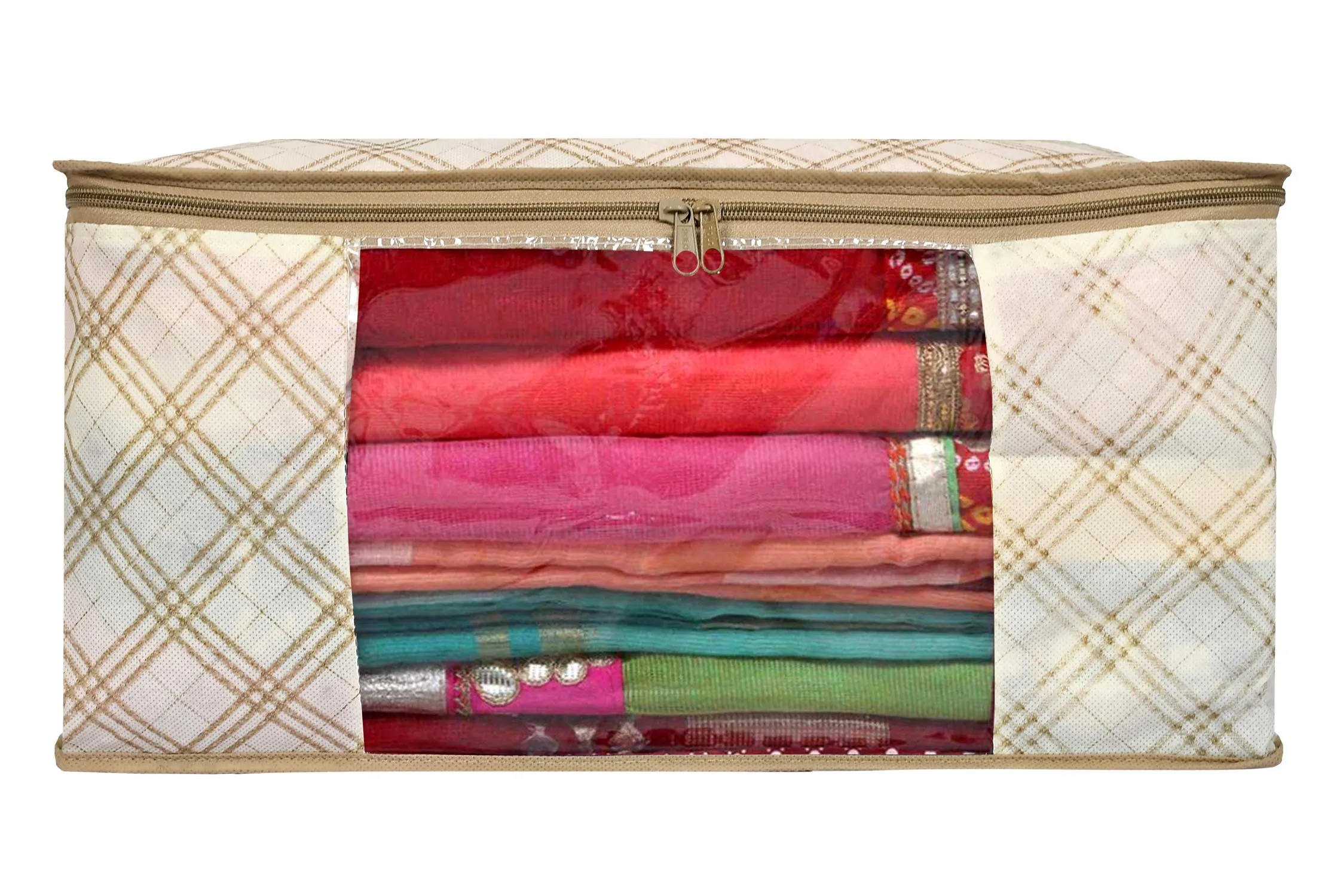 Kuber Industries Non-woven Foldable Saree Cover|Tartan Design Clothes Storage Bag|Wardrobe Organizer With Transparent Window|Pack of 8 (Ivory)