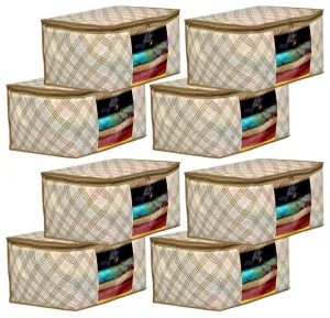 Kuber Industries Non-woven Foldable Saree Cover|Tartan Design Clothes Storage Bag|Wardrobe Organizer With Transparent Window|Pack of 8 (Ivory)