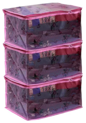 Kuber Industries Transparent Net Storage Organizer/Clothes Organiser For Wardrobe Set-Pack of 3 (Pink)