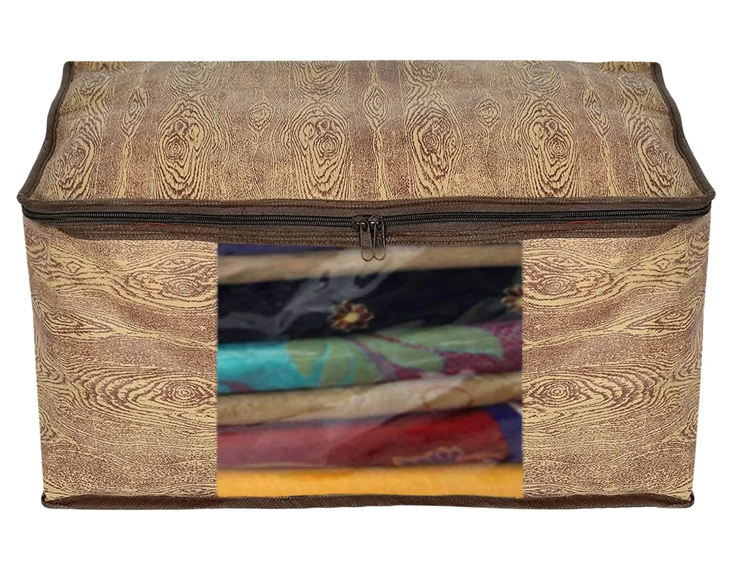 Kuber Industries Wooden Design Non-Woven Sarees, Clothes Cover/Organizer With Transparent Window- Pack of 9 (Brown)-44KM0390