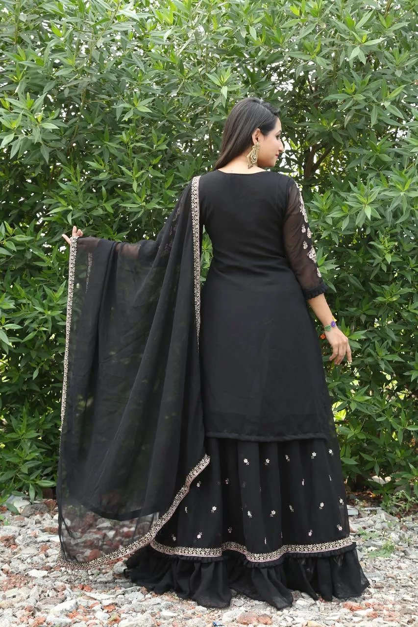 Lehenga Suit Set in Black with Intricate Embroidery Design