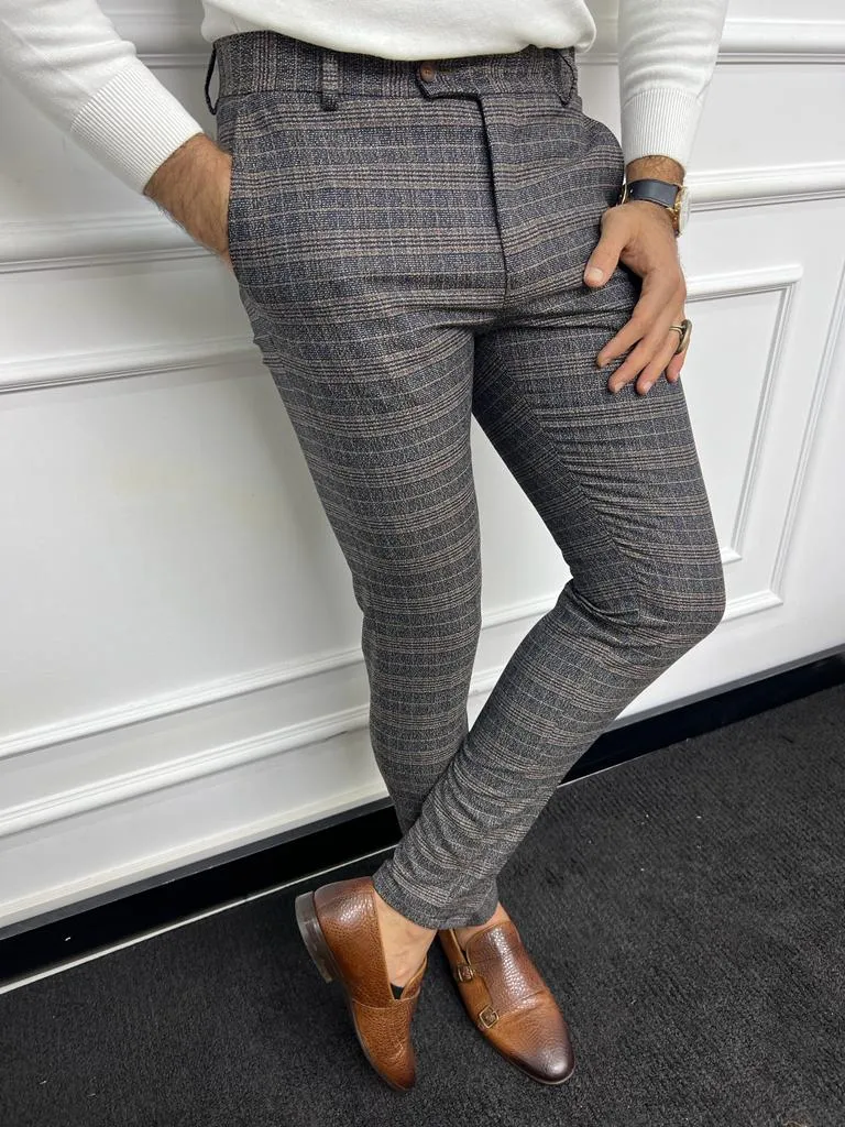 Leon Slim Fit Plaid Striped Blue Pants