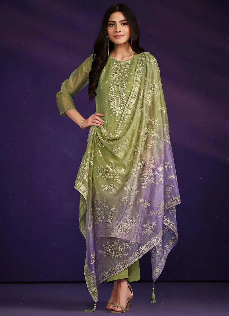 Light Green And Purple Embroidered Salwar Kameez Suit