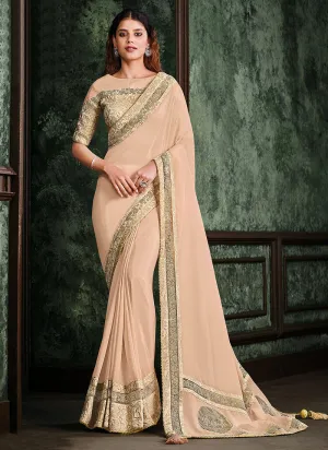 Light Peach Multi Embroidered Designer Saree