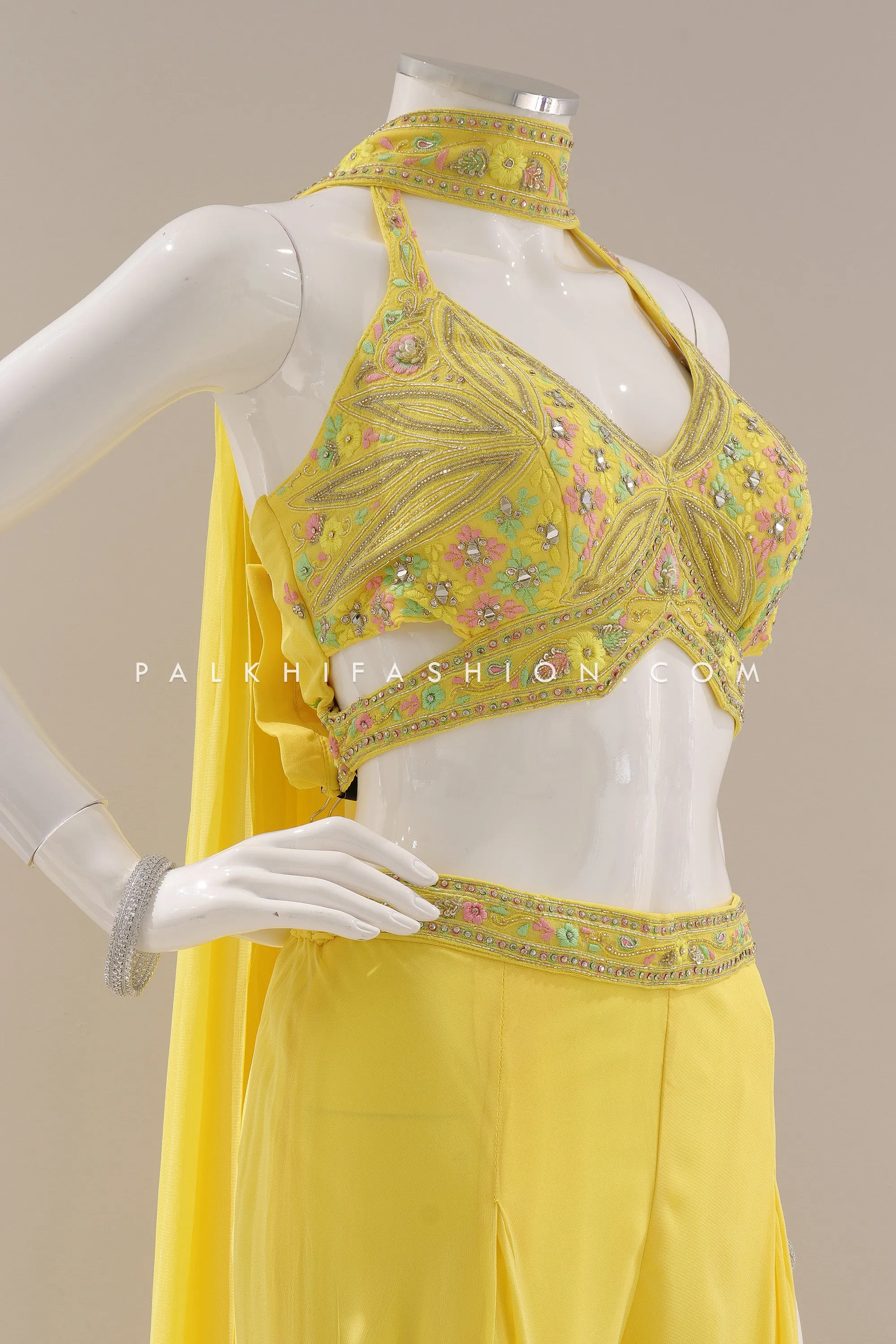 Light Yellow Crop Top Palazzo Outfit with Handwork