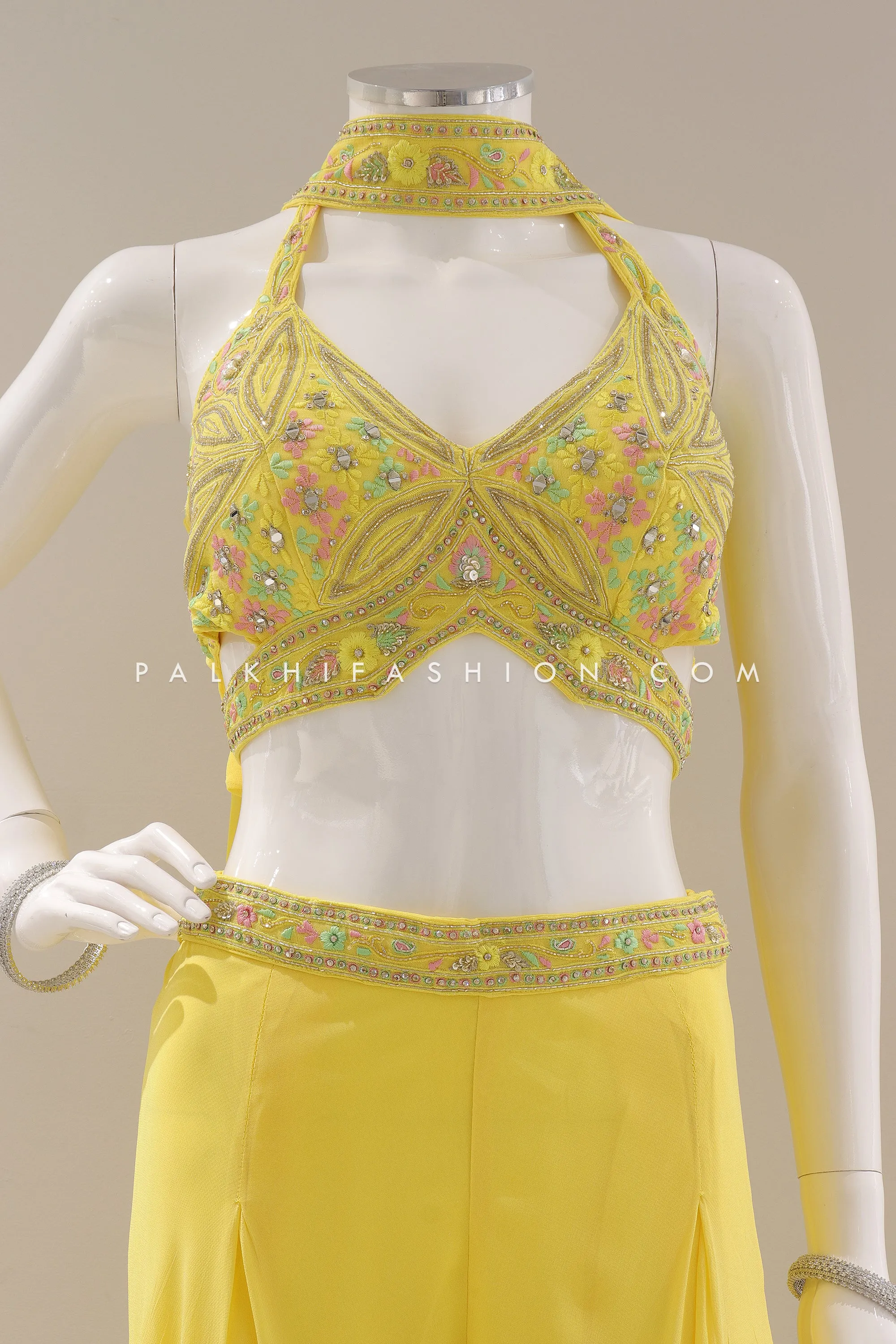 Light Yellow Crop Top Palazzo Outfit with Handwork