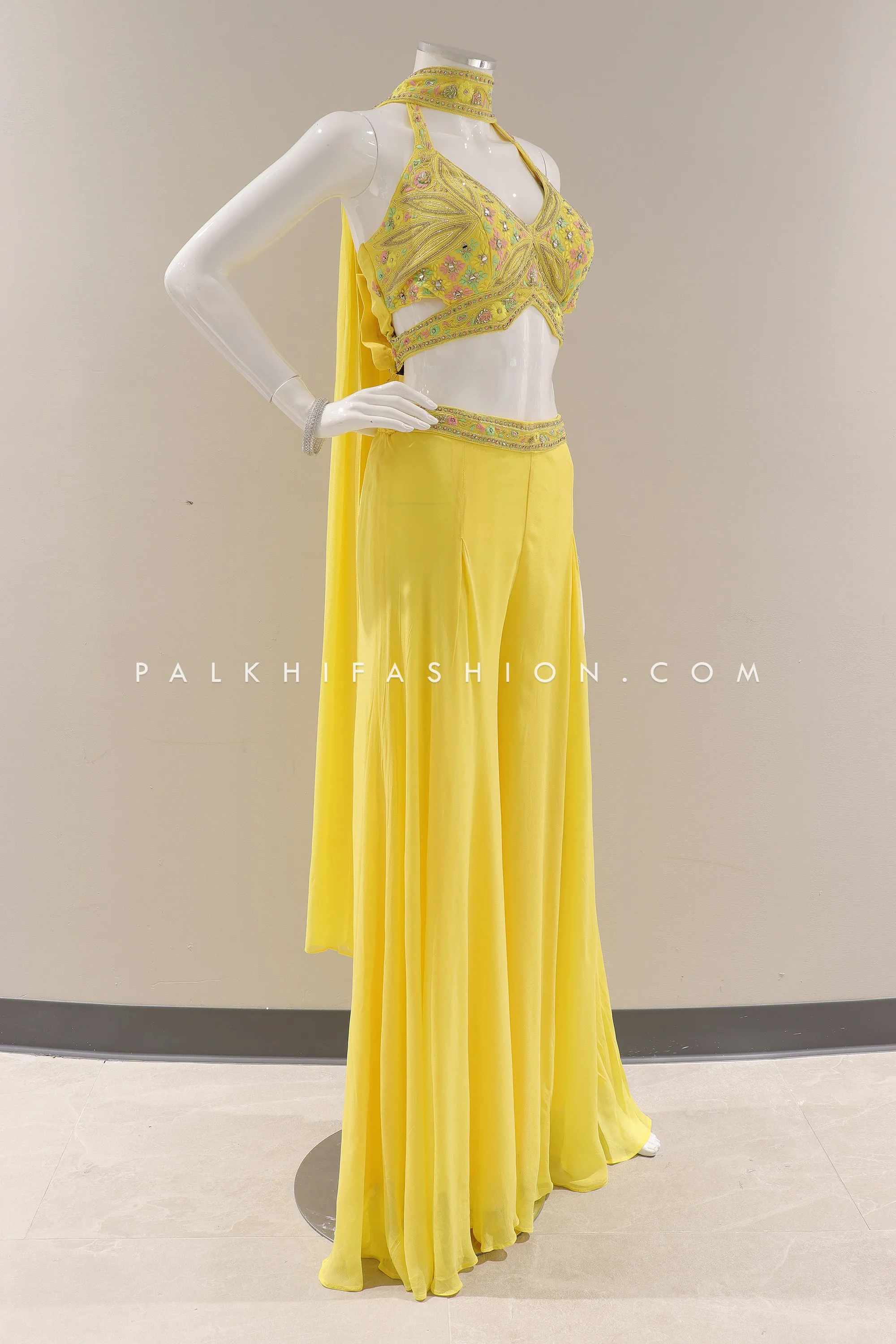 Light Yellow Crop Top Palazzo Outfit with Handwork