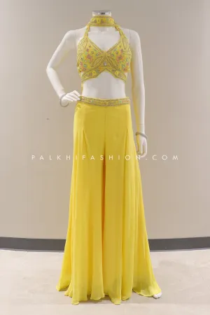 Light Yellow Crop Top Palazzo Outfit with Handwork