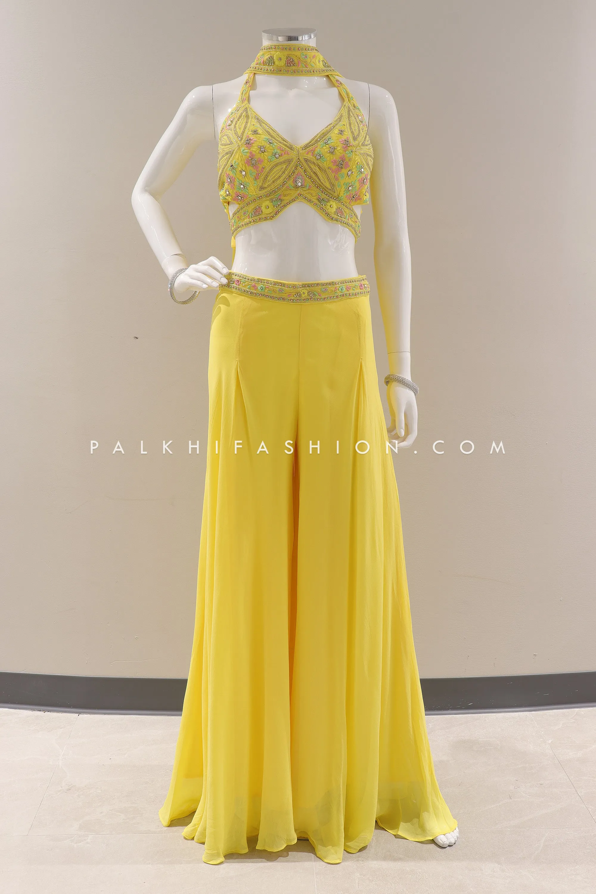 Light Yellow Crop Top Palazzo Outfit with Handwork