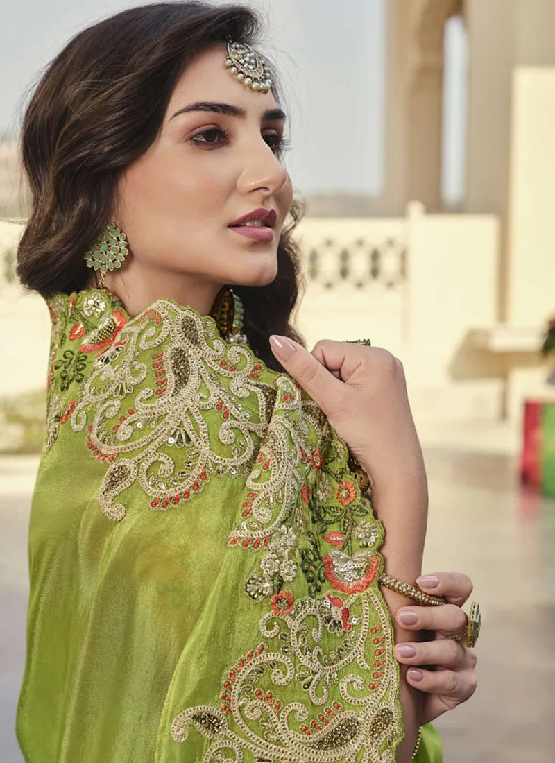 Lime Green Embroidered Designer Party Wear Saree