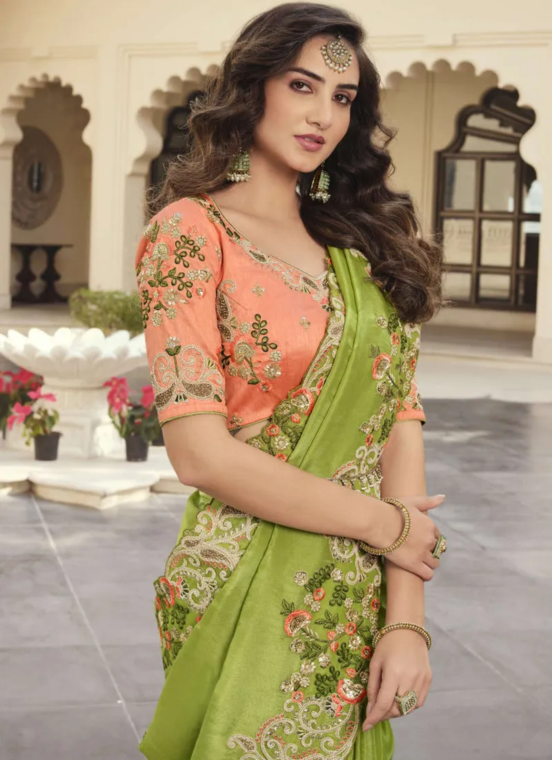 Lime Green Embroidered Designer Party Wear Saree