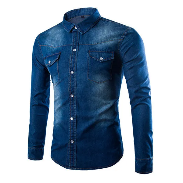 Long Sleeve Denim Dress Shirts for Men Plus Size Personality Double Chest Pockets Washed