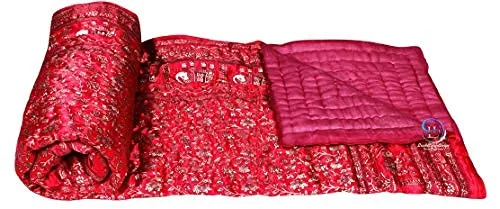 LushHavenDecor Jaipuri World Famous Light Weight Silk Traditional Rajasthani Gold Print Red Colour Single Bed Quilt/Razai/Rajai Set of 2