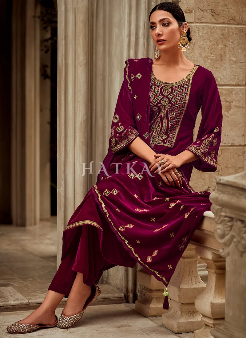 Magenta Maroon Embroidered Velvet Pant Suit