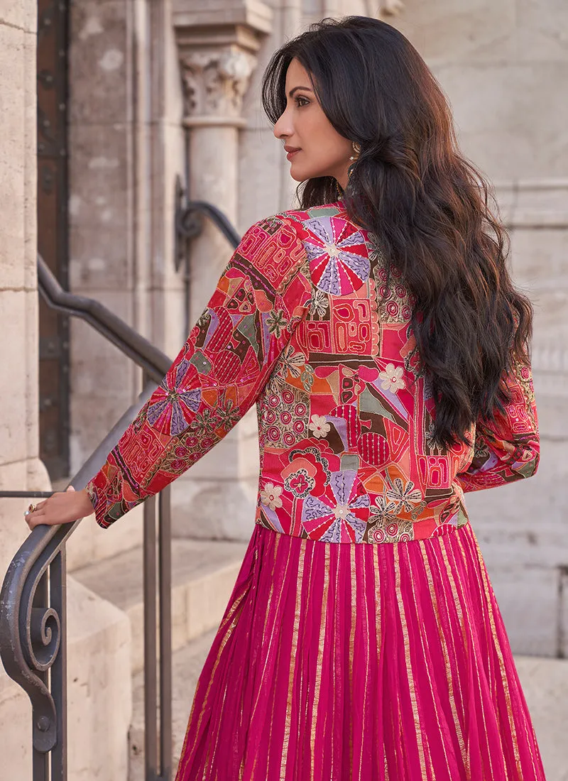 Magenta Pink Floral Embroidered Jacket Style Lehenga